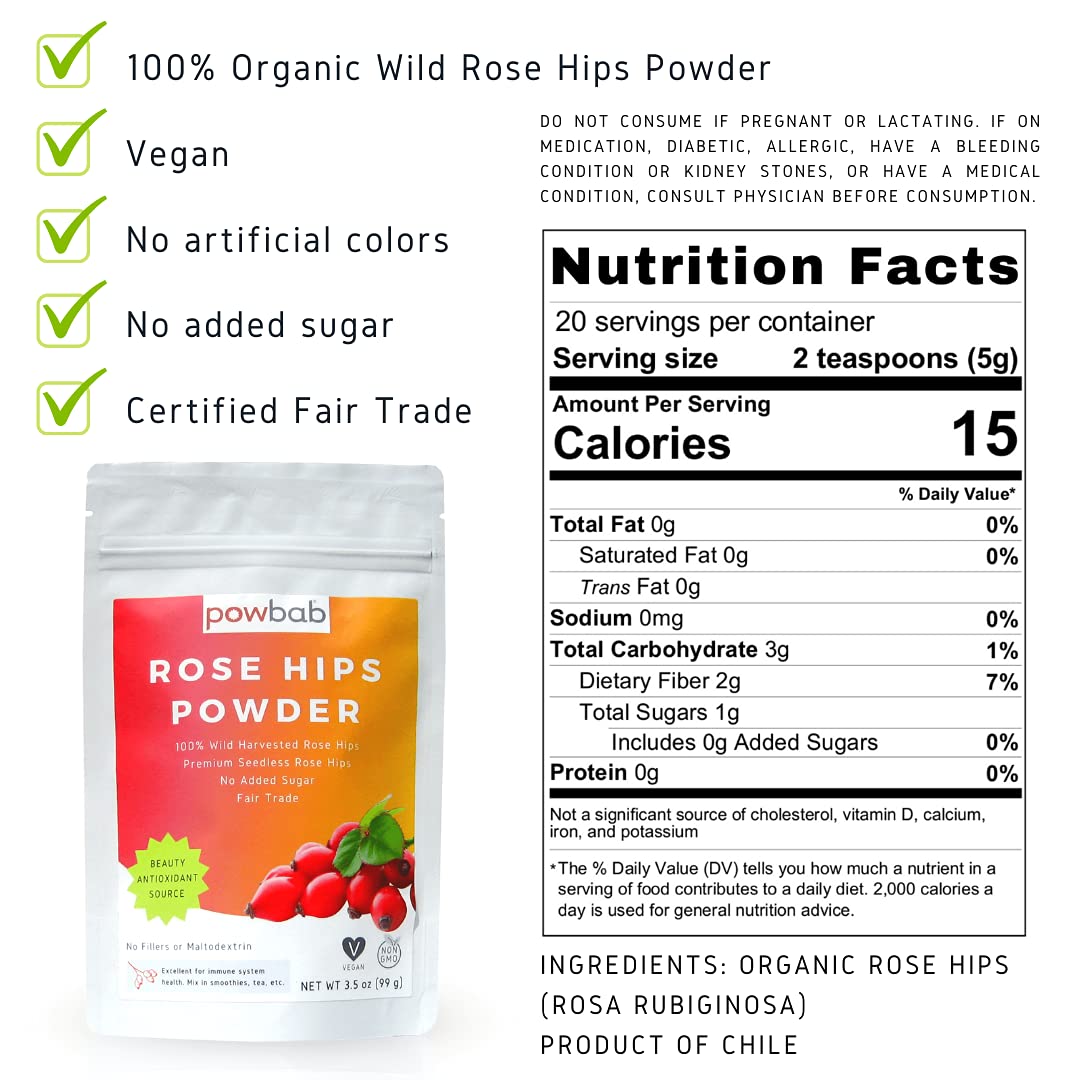 powbab Rose Hips Powder from 100% Wild Organic Rosehip. Premium Rosa Rubiginosa. Seedless Ground Rosehips from Whole Dried Rose Hips. No Added Sugar