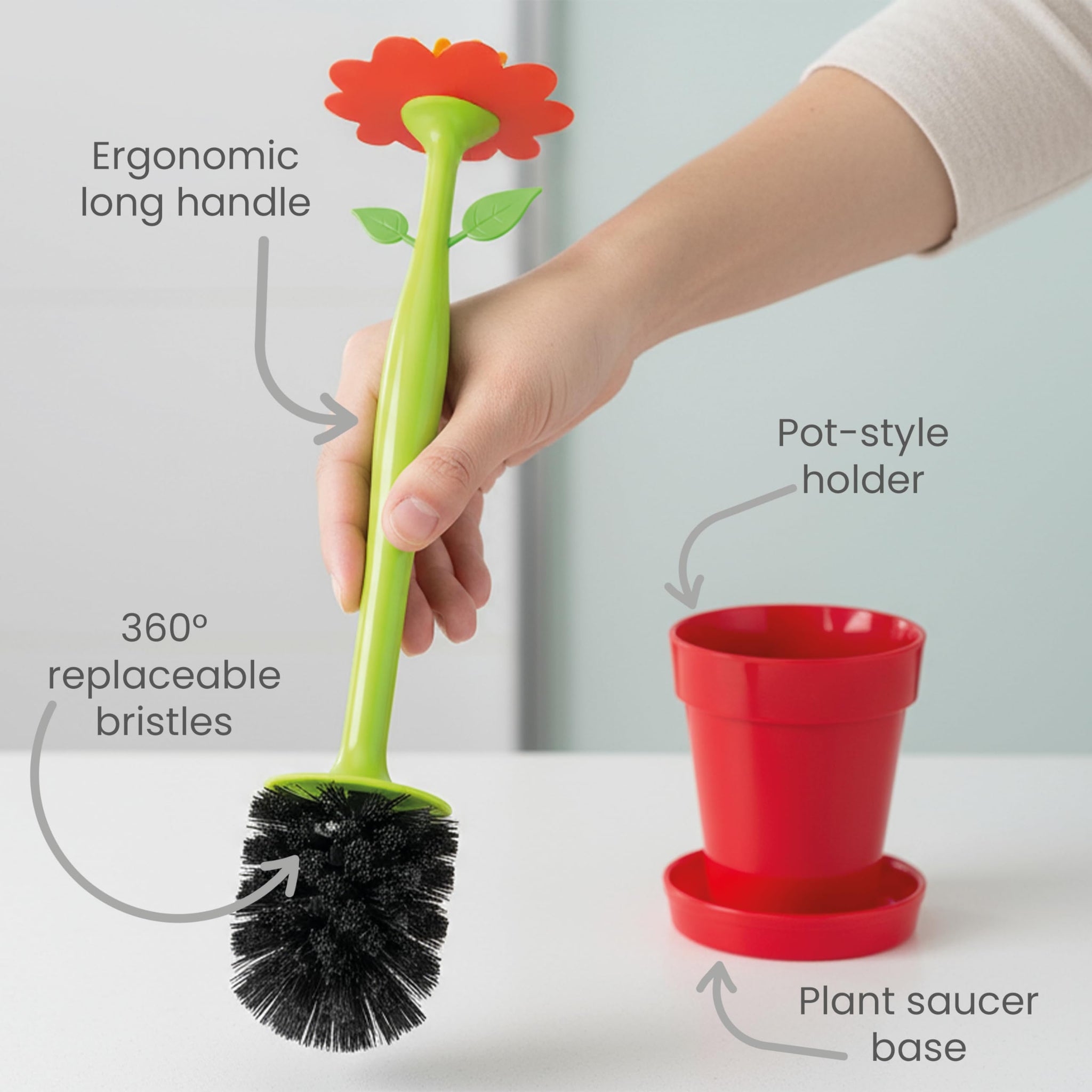 Vigar Flower Power Toilet Brush and Holder Set, Toilet Bowl Cleaner with Daisy-Shaped Handle, Flowerpot Base and Saucer, for House and Bathroom, Red