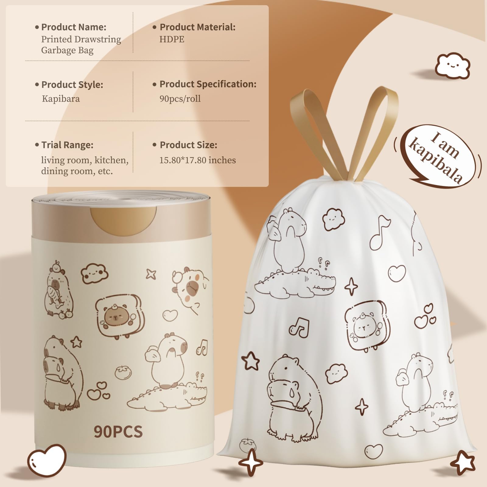 Small Trash Bags, 4 Gallon HDPE Trash Bags Small Size 180 Count, Printed with a Cute and Beautiful Pattern Garbage Bags, Suitable for Office
