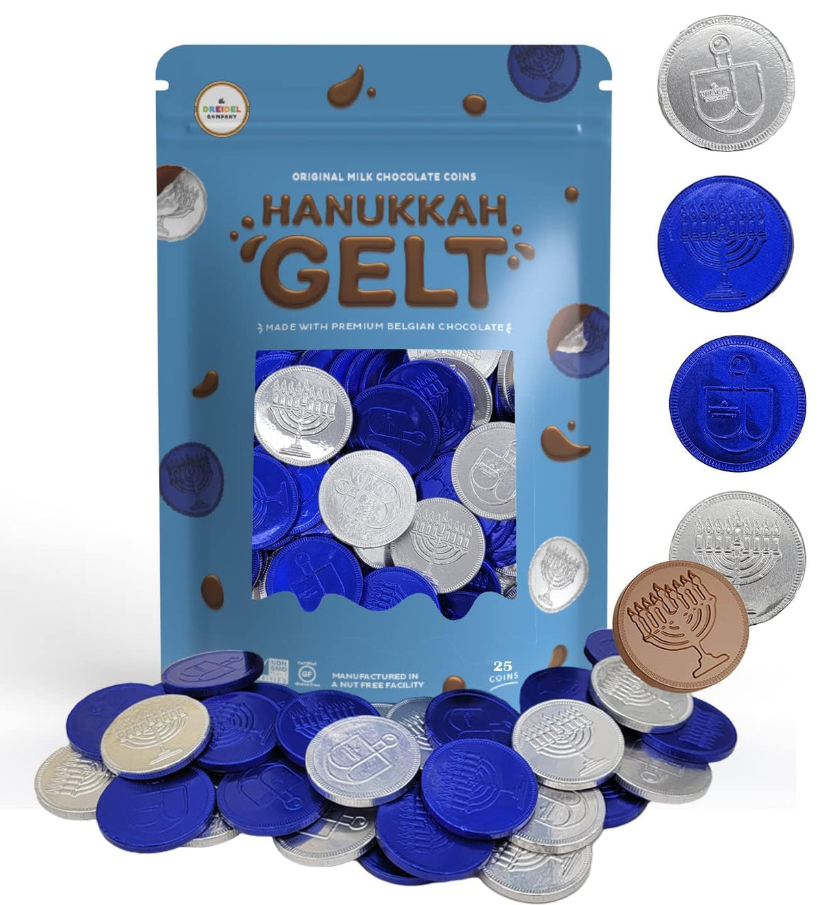 The Dreidel Company 25 Milk Chocolate Coins, Hanukkah Gelt, Blue and Silver Coins, Made with Premium Belgian Chocolate, Nut and Gluten-Free, Non-Gmo