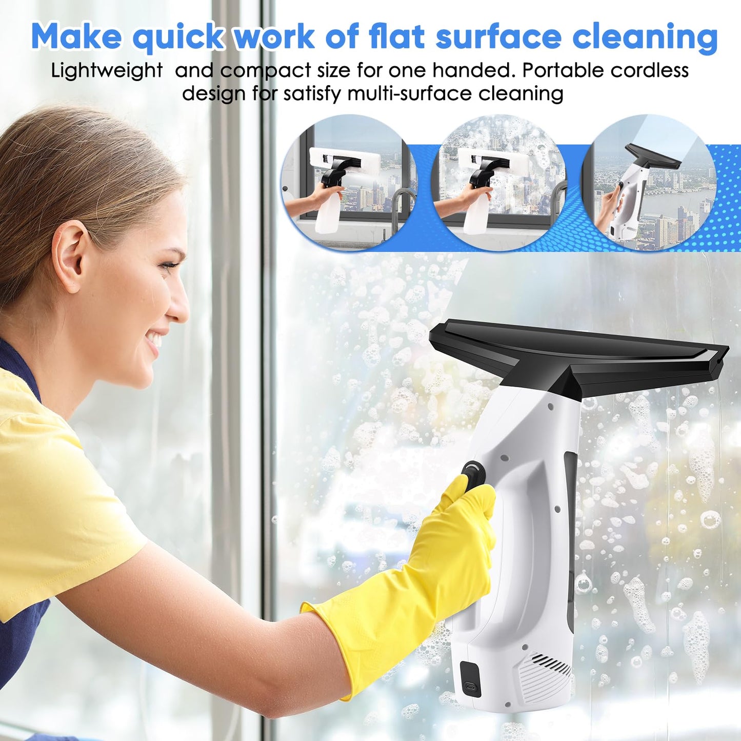 Window Vacuum Squeegee Cordless, Handheld Window Vac with Multi-Purpose Spray Bottle & Microfiber Cloth, Electric Cleaning Tool for Windows, Mirror
