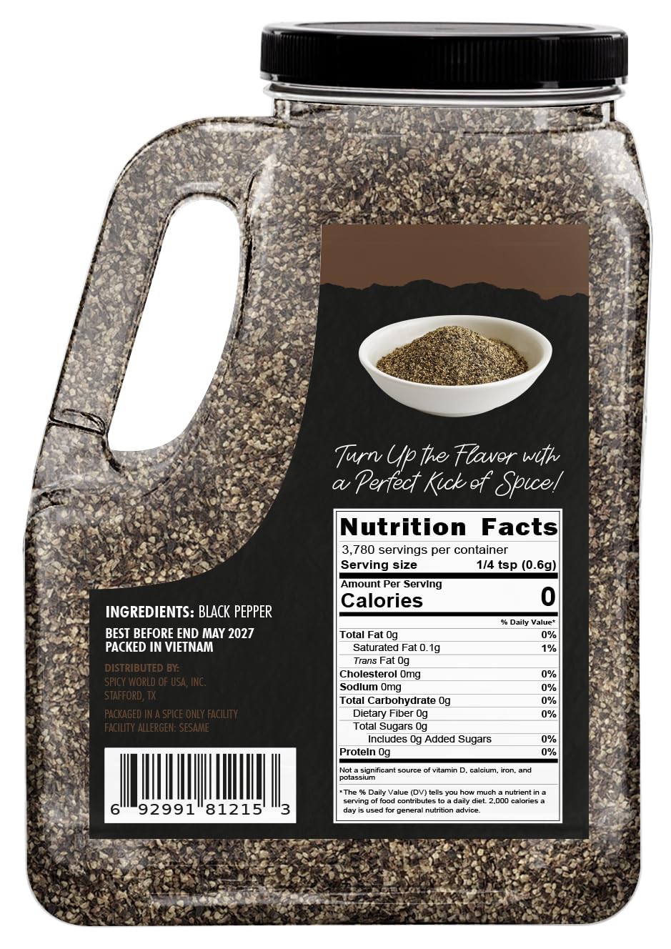 Black Pepper Ground Coarse 5 LB Bulk Jar Butcher Grind #12 - Premium Ground Black Peppercorns, All Natural, Gluten Free, Steam Sterilized - Restaurant