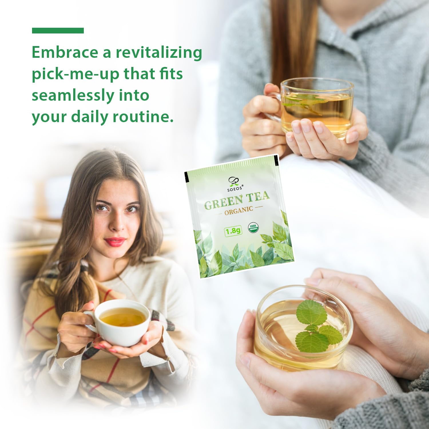 Soeos Organic Green Tea, 100 Tea Bags (Pack of 1), Caffeinated, Fresh and Healthy Green Tea, 6.3 Ounce