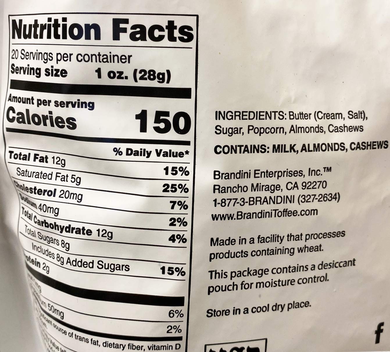 Brandini Toffee Cashew Almond & Toffee Popcorn Family Size Pack 20oz, 1 Pack