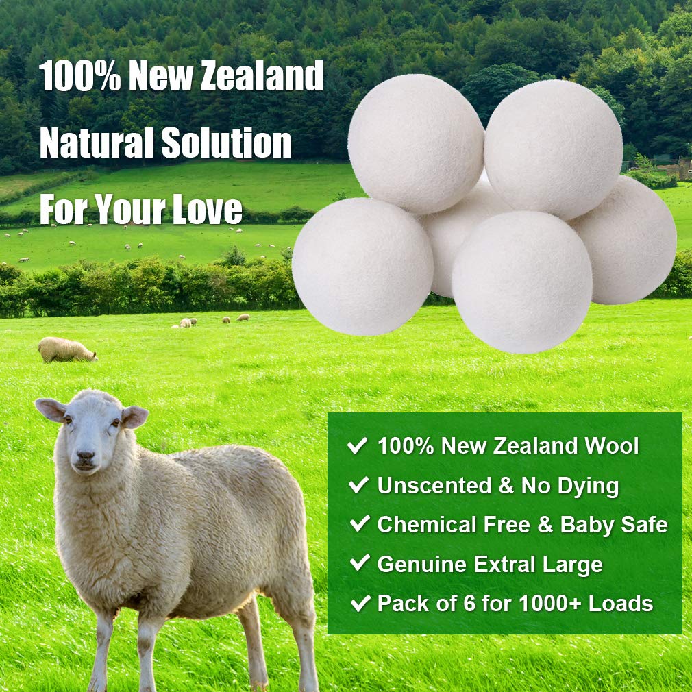KINTOR XL Wool Dryer Balls 6-Pack, 100% New Zealand Wool, Reusable Fabric Softener, Cut Drying Time, Reduce Wrinkles Lint & Pet Hair, Hypoallergenic