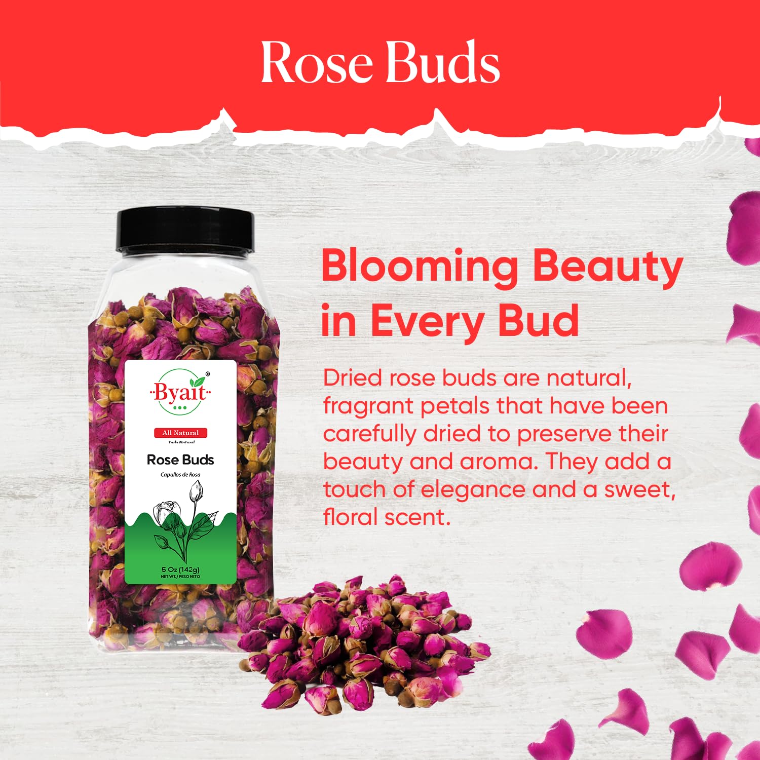 Byait Freeze Dried Rose Buds 5 Oz, Approx. 320 Whole Buds, Natural Edible Culinary Grade, Caffeine-Free Herbal Rose Flower Tea, Great for Beverages