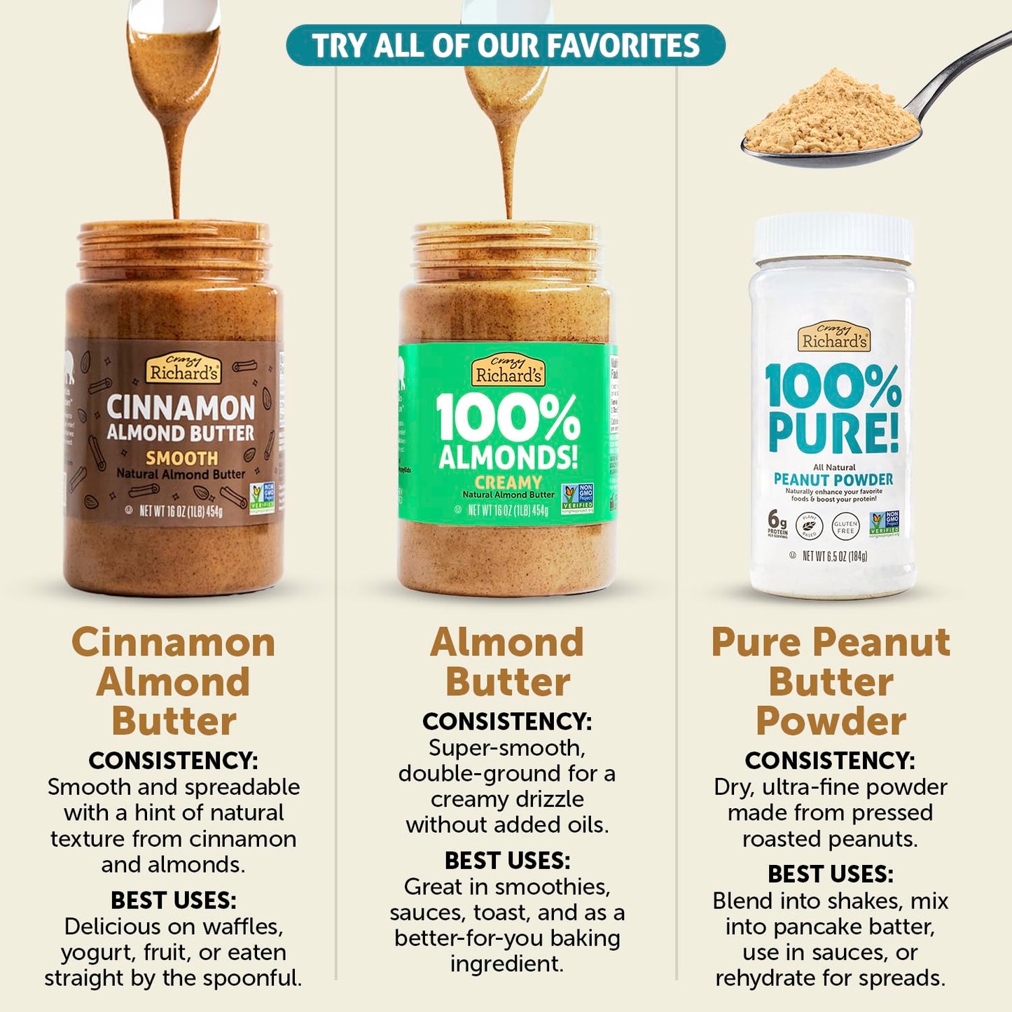 Crazy Richard's 100% All-Natural Vegan Creamy & Crunchy Peanuty Butter with No Added Sugar and Non-GMO Variety Pack (16 Ounce, Pack of 4)