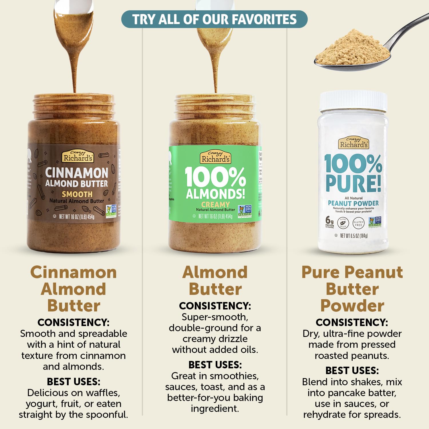 Crazy Richard's 100% All-Natural Vegan Creamy & Crunchy Peanuty Butter with No Added Sugar and Non-GMO Variety Pack (1 Pound, Pack of 2)