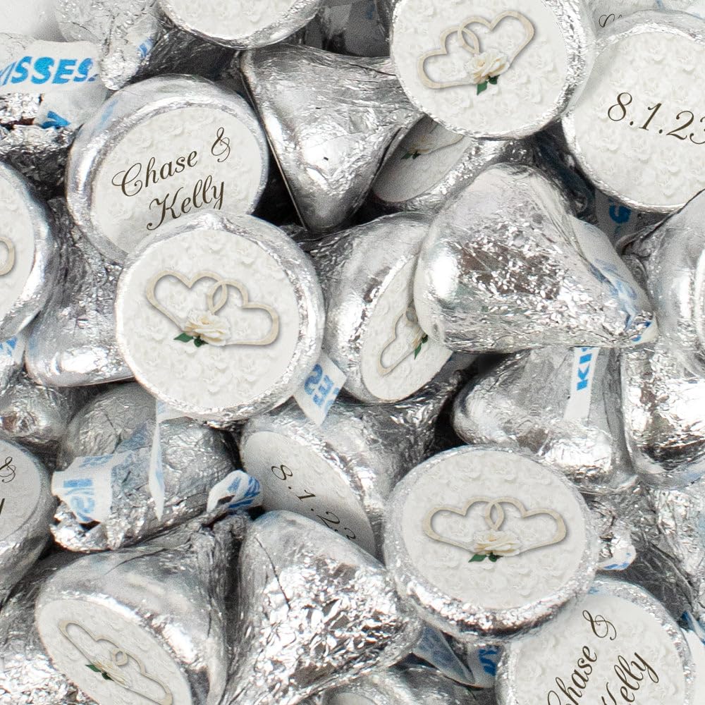 Personalized Wedding Stickers and Silver Kisses, Custom DIY Wedding Favors for Guests (300 Count)
