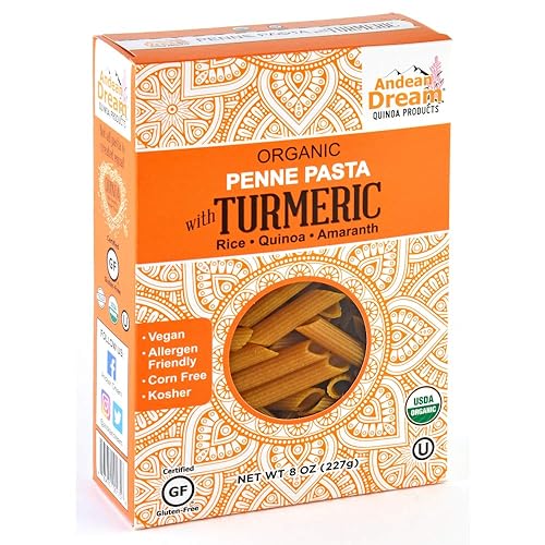 Andean Dream Quinoa Organic Penne Pasta Turmeric 8 Ounce Box Non-GMO Gluten and Corn Free Vegan Bulk Case of 8 Boxes