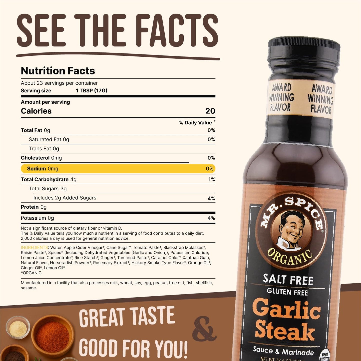 Mr. Spice Organic Garlic Steak Sauce, Salt Free Steak Sauce and Marinade, Gluten Free, Low Sodium Sauces and Marinades, Grill & Air Fryer, No Salt