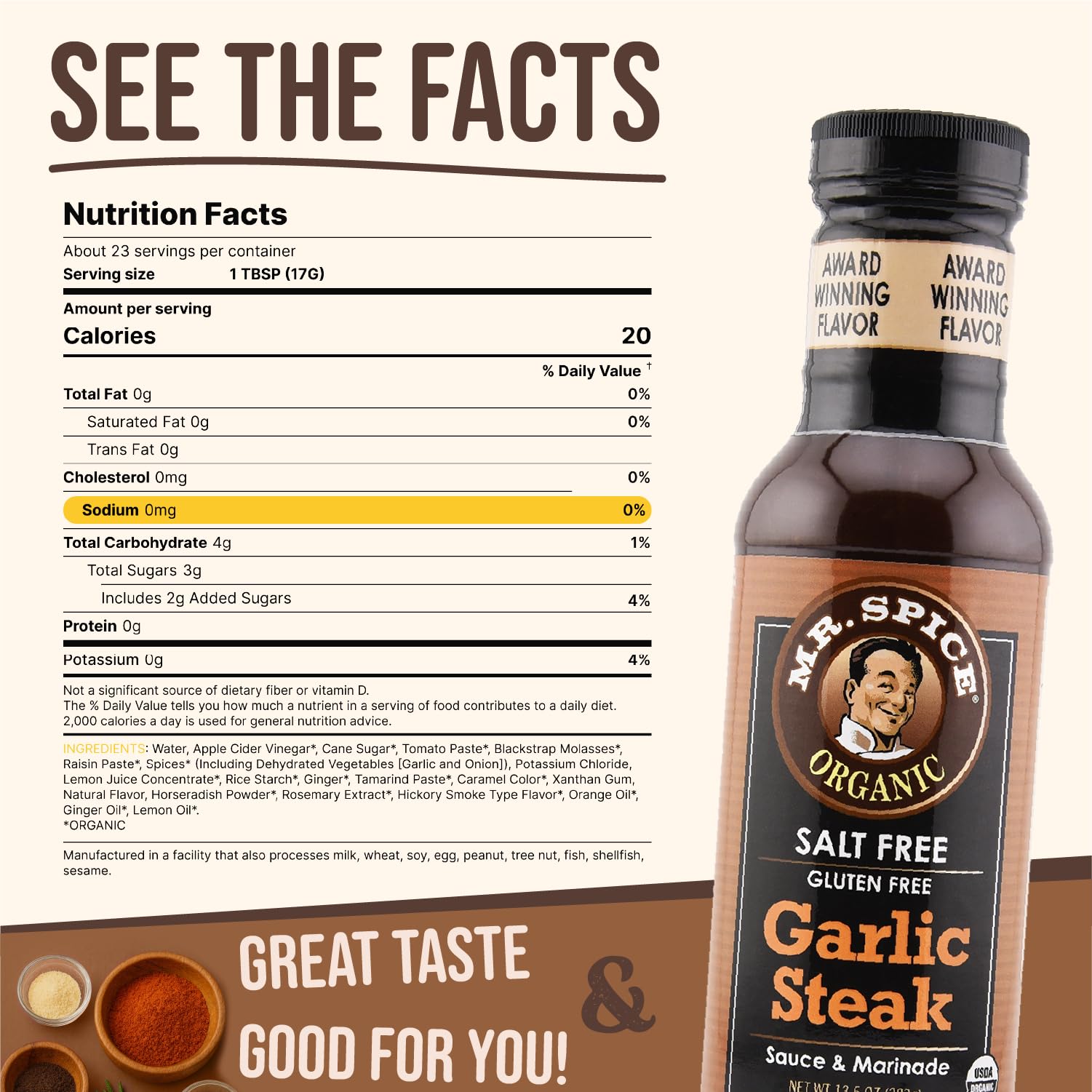 Mr. Spice Organic Garlic Steak Sauce, Salt Free Steak Sauce and Marinade, Gluten Free, Low Sodium Sauces and Marinades, Grill & Air Fryer, No Salt