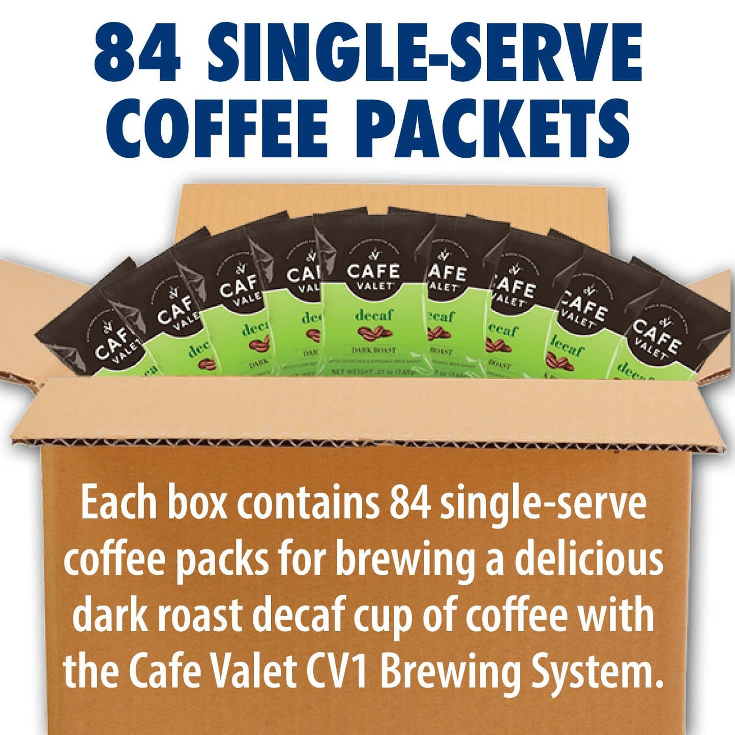 Café Valet DECAF Dark Roast Single Serve Coffee Packets - 84 Count - For Use with Café Valet Single Serve Cofee Makers - Disposable Brew Basket