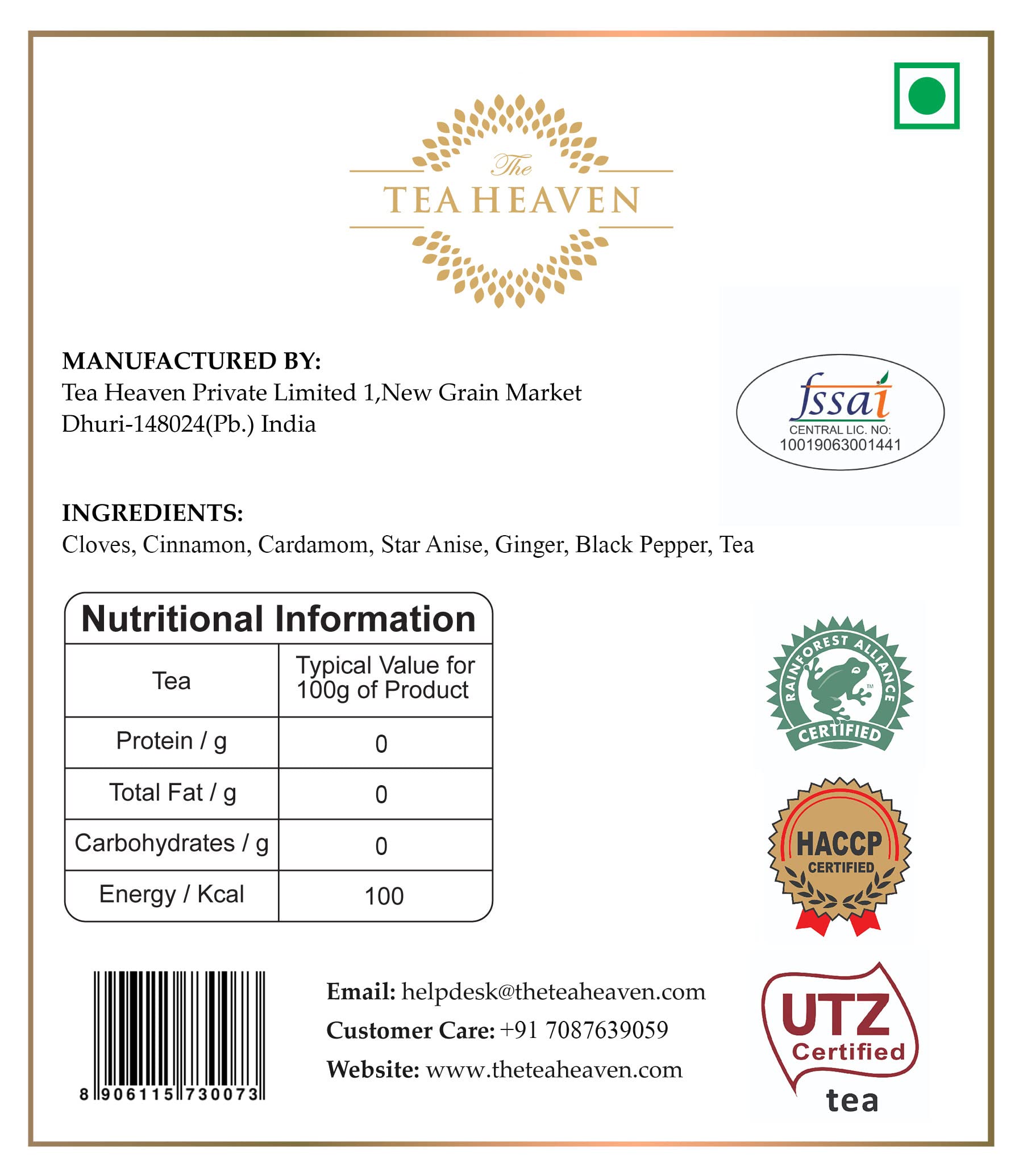 The Tea Heaven Masala Chai Tea Indian Loose Leaf Chai Tea with Whole Spices, Spiced Green Tea for Hot or Cold Brewing, 150 Grams (5.2 oz)