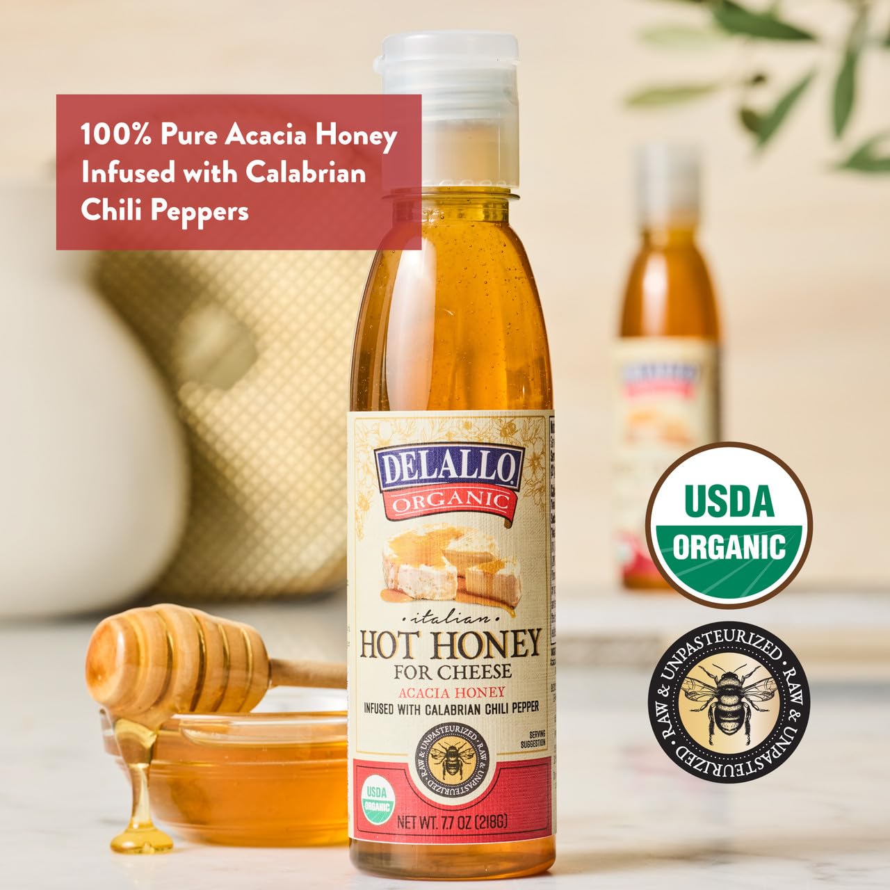 DeLallo Hot Honey, Made with 100% Organic Acacia Honey and Red Pepper, Sweet and Spicy Gourmet Condiment, Non-GMO, Gluten Free, Vegan, Kosher, 7.7 oz