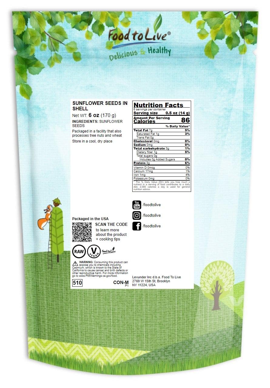 Food to Live Raw Sunflower Seeds in Shell, 6 Ounces - Fresh, Crunchy and Nutty Snack for on-the-go, Preservative-free, Great Source of Protein, Fiber