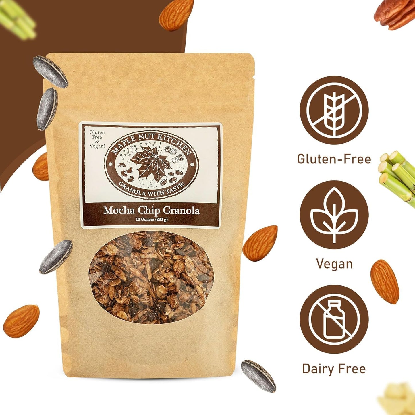 Maple Nut Kitchen Mocha Chip Granola 3 Pack - Vegan, Certified Gluten-Free Oats, Low Sugar - Dark Chocolate, Almonds, Coconut, Coffee - Crunchy