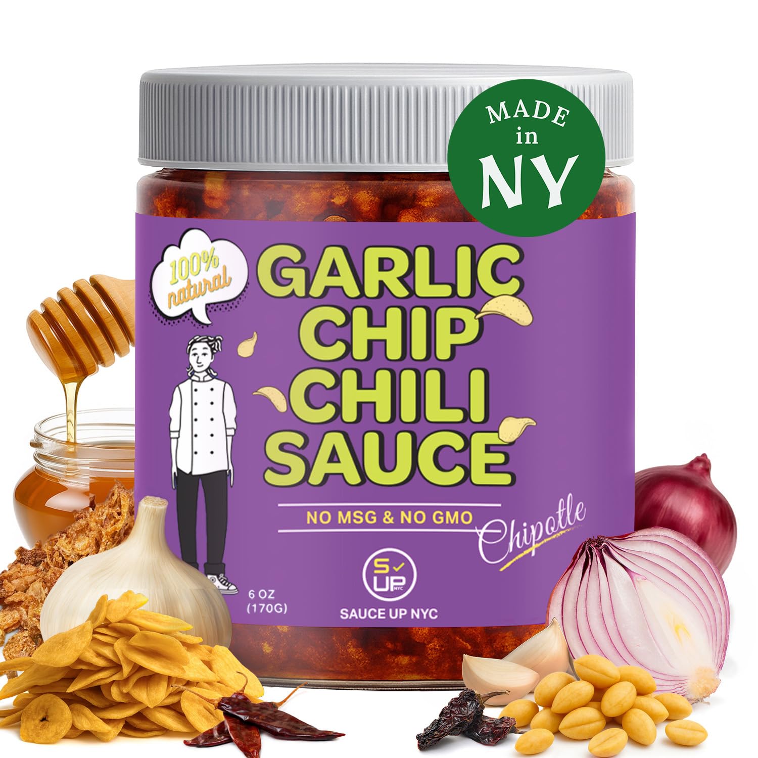 SAUCE UP Garlic Chip Chili Sauce | Chipotle Flavor | All-Natural, Keto, Gluten-Free, No MSG | Fried Garlic, Mexican Chilies, Crunchy, Smoky, Sweet
