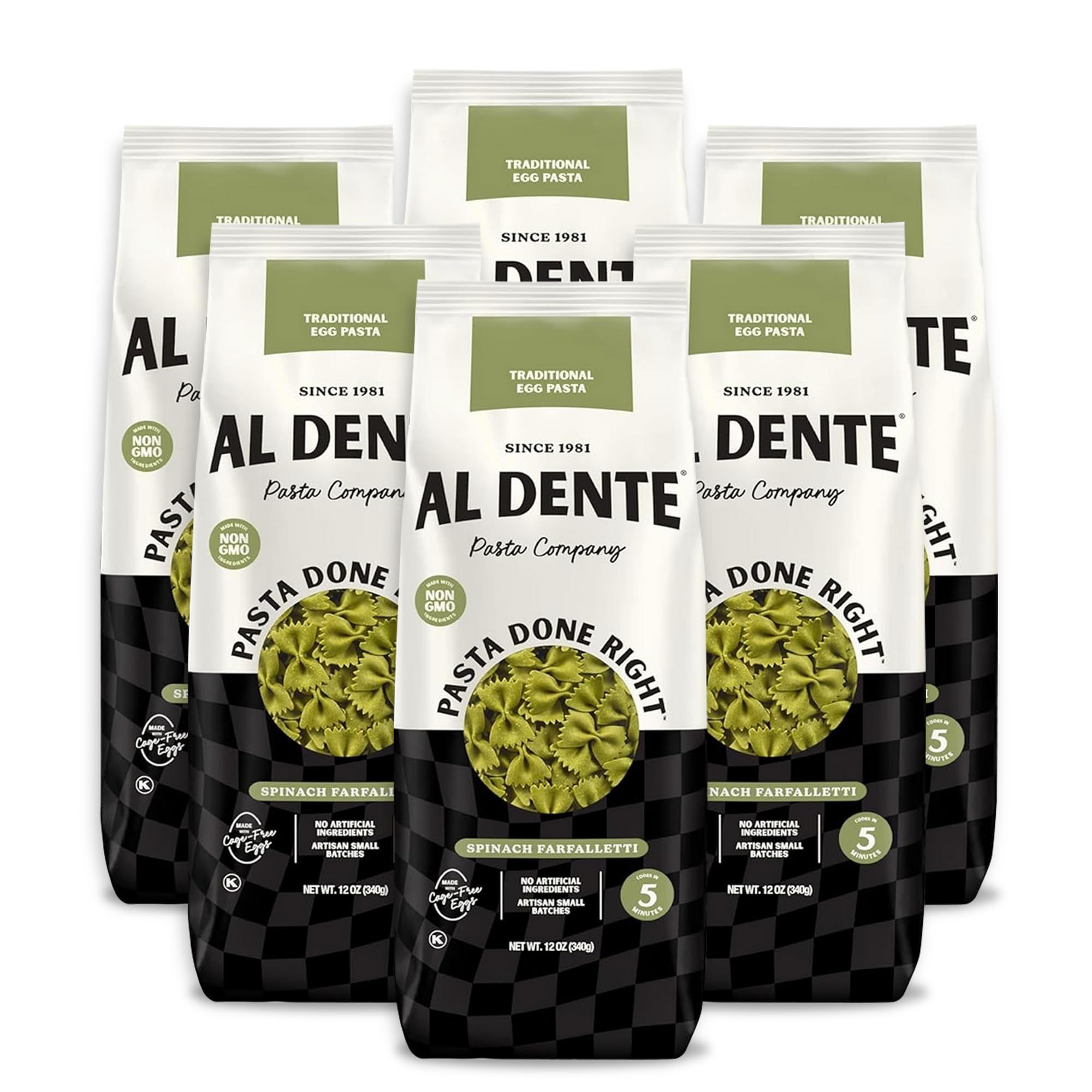 Al Dente Spinach Farfalletti - All-Natural, Hand-Crafted Spinach Egg Pasta. Traditional Pasta Noodles Made With Cage-Free Eggs & Durum Wheat, Great
