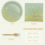 WXLDGHQ Serve 35 Guests Sage Green and Gold Party Supplies,7 Inch Disposable Sage Green Dessert Paper Plates and Napkins for Wedding Birthday Party