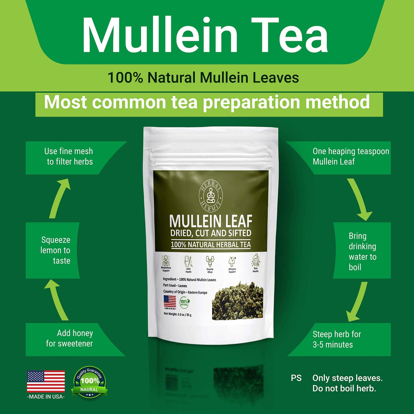 Herbal Hermit Mullein Leaf Tea (3 oz/85 grams) Herb for Respiratory Support, Mucous Membranes, Lung Cleanse Dried Leaves Blend, Cut and Sifted Made in