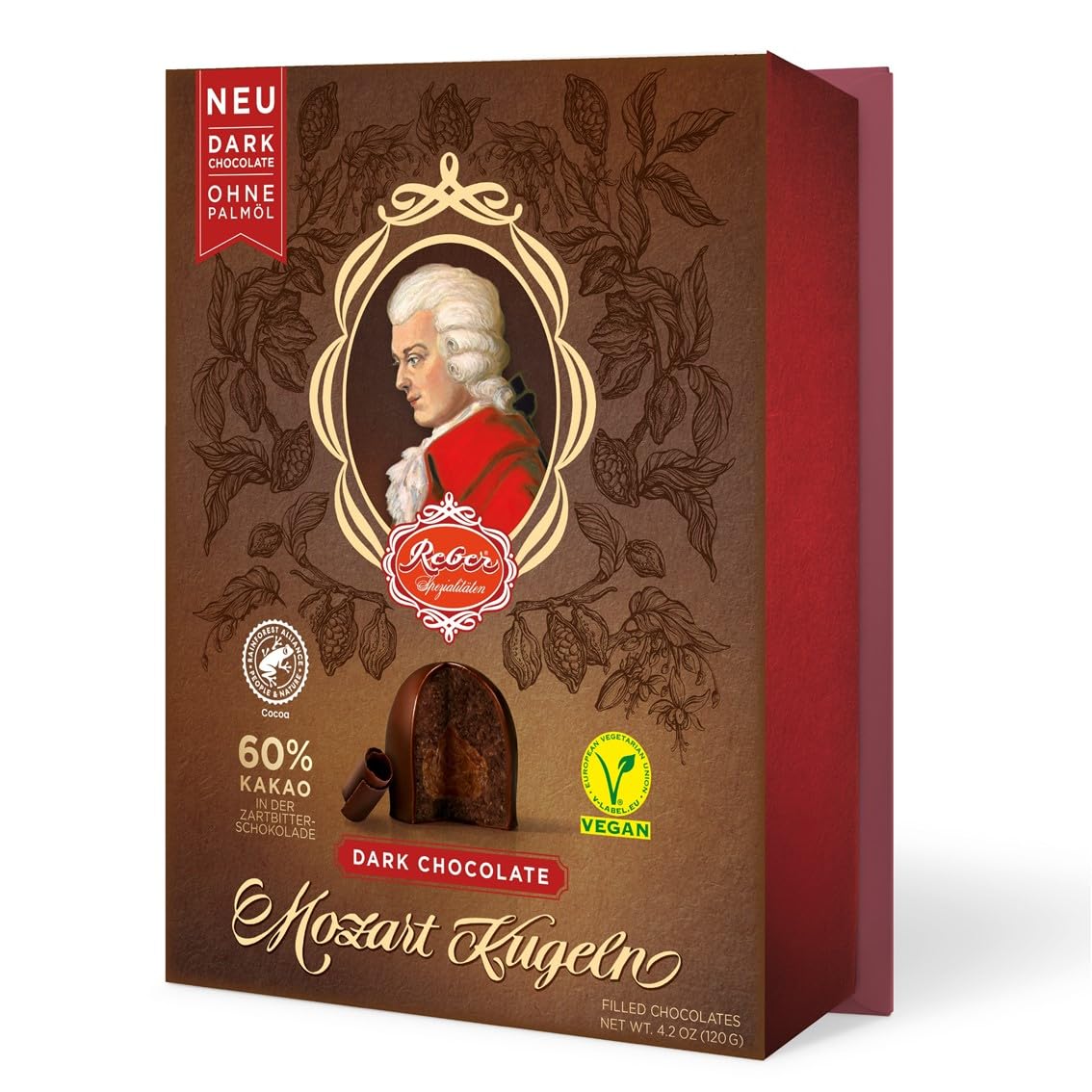REBER Mozart Kugel Vegan Dark Chocolate - 60% Cocoa, Marzipan & Hazelnut Nougat Filled Gourmet Chocolates, Palm Oil Free German Confectionery Gift Box