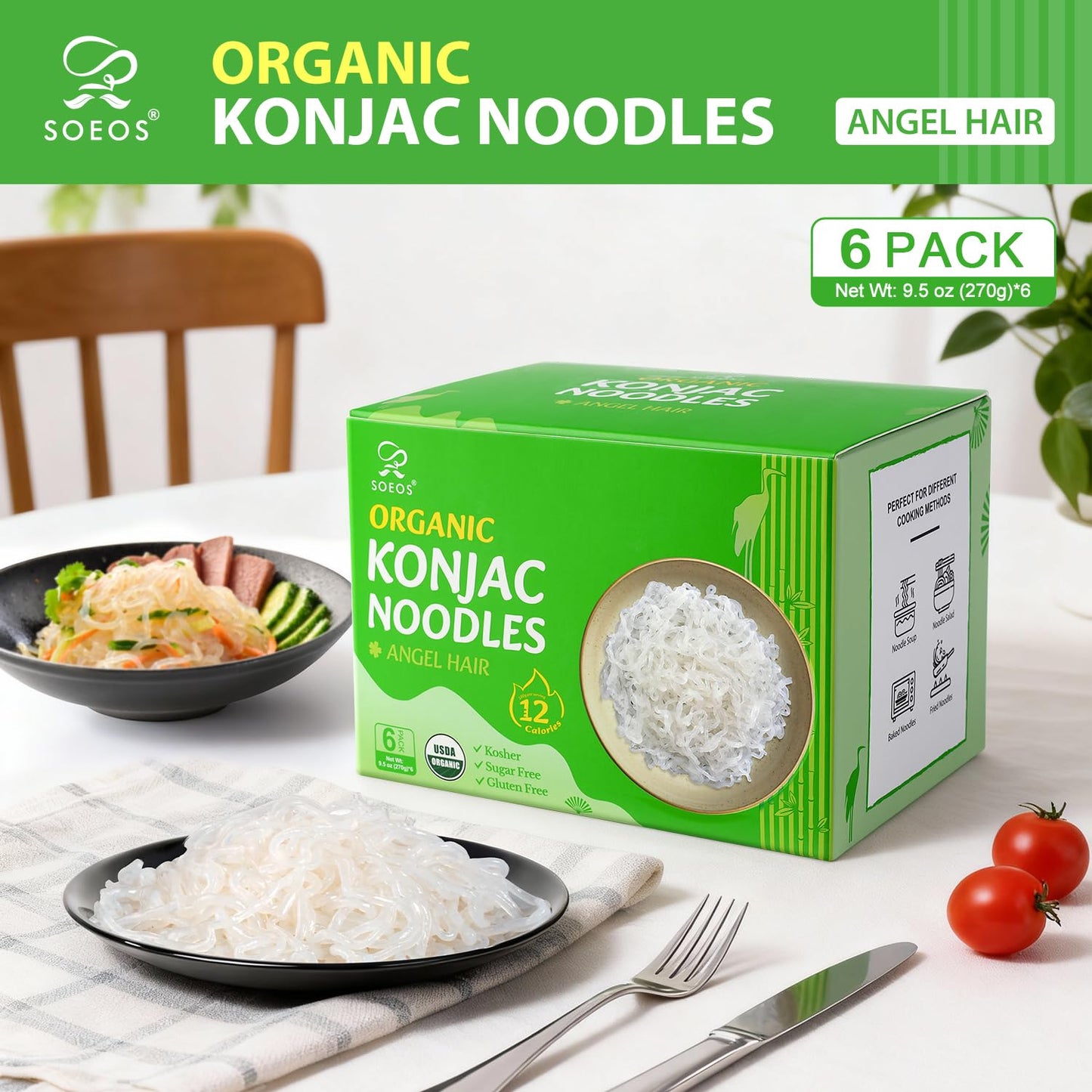 Soeos Organic Konjac Noodles, Angel Hair Pasta, 9.5 oz (270g)*6 Pack, Low Calorie, Low Carb, Keto and Paleo Friendly Shirataki Noodle, Gluten-Free