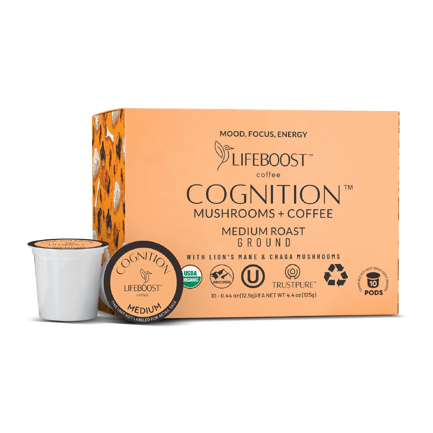 Lifeboost Cognition Mushroom Coffee Pods - Organic Low Acid K-Cups with Lion’s Mane & Chaga Adaptogens - Nootropic Coffee for Energy, Focus & Immune