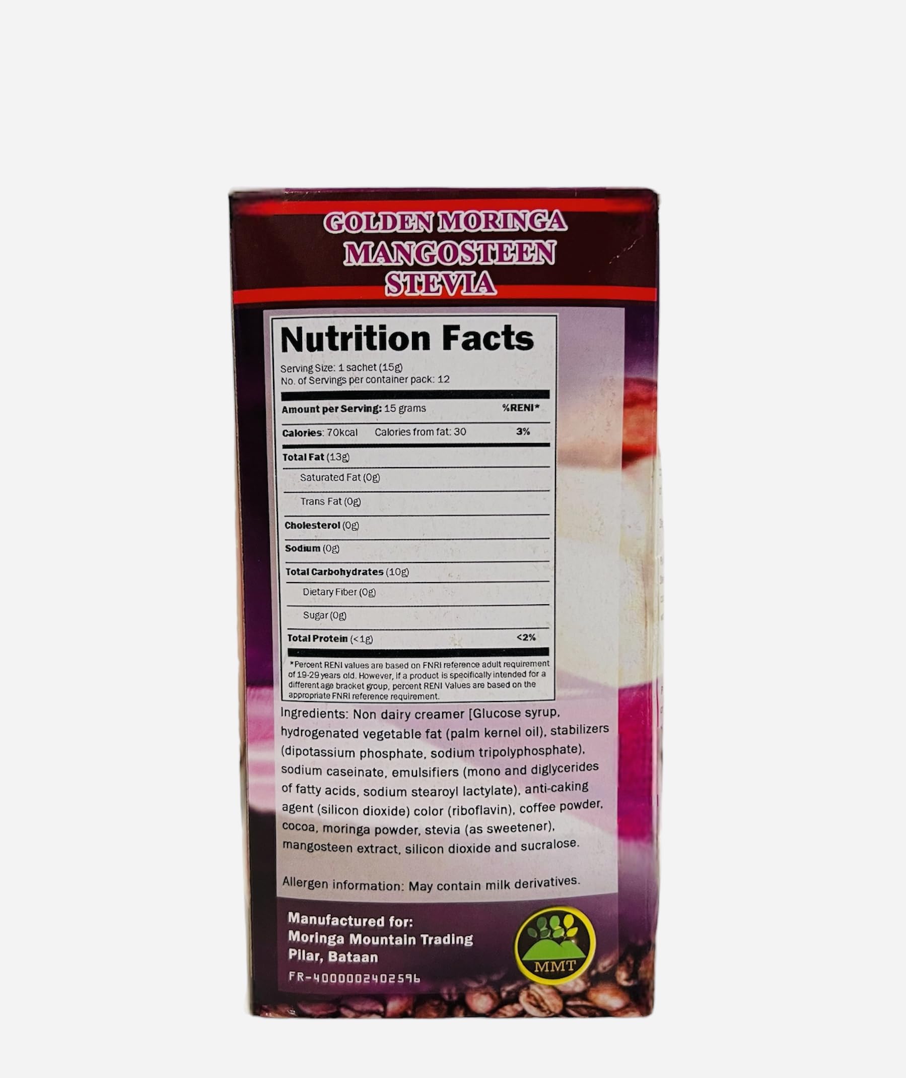 GOLDEN MORINGA AND MANGOSTEEN COFFEE | With Stevia | Sugar Free | Medium Roast | 12 Pack x 15g Sachet