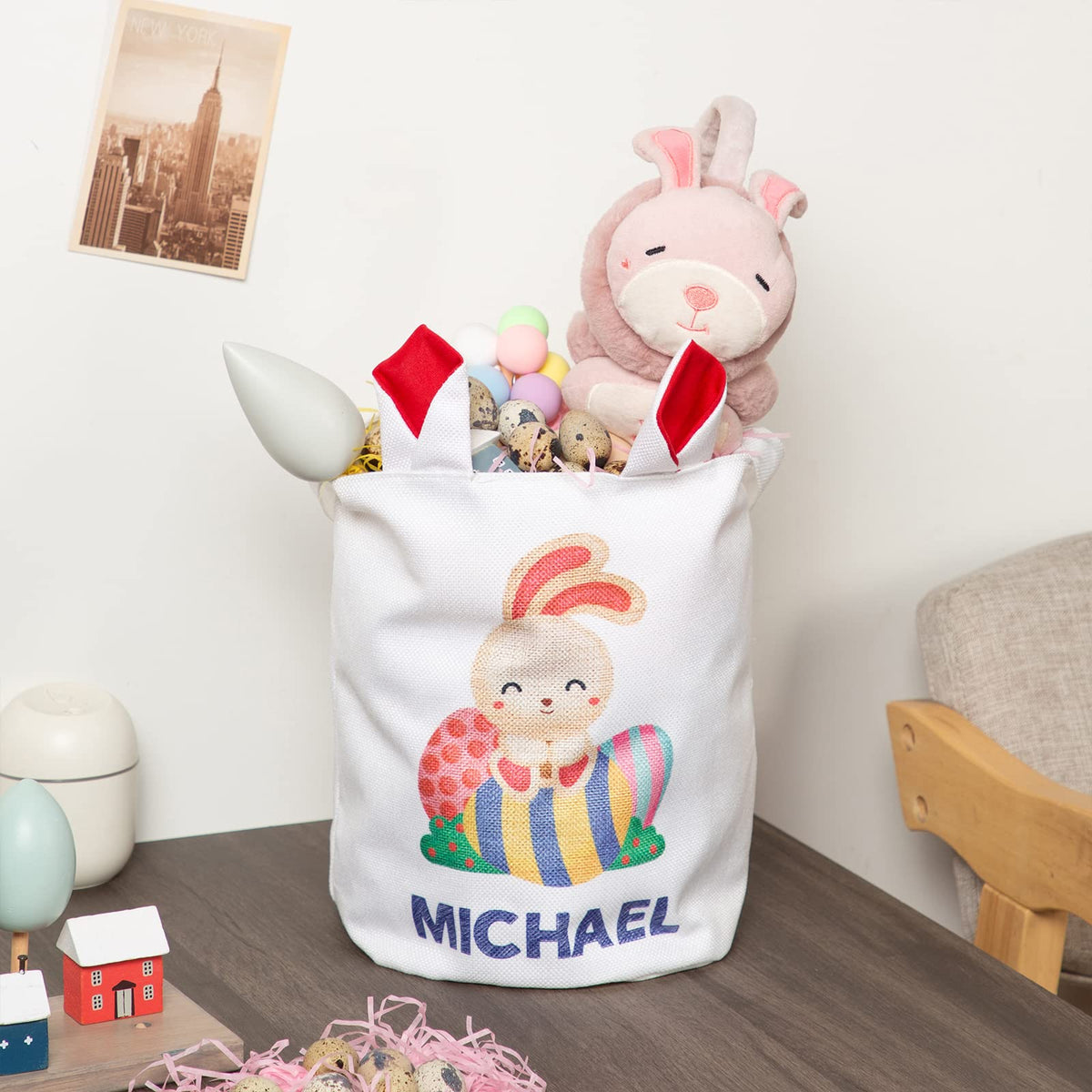 JewelOra Personalized Easter Bunny Basket Bags, Cotton Customized Name Candy Egg Basket Rabbit Print Buckets Cute Easter Basket Toys Bucket Tote Gift