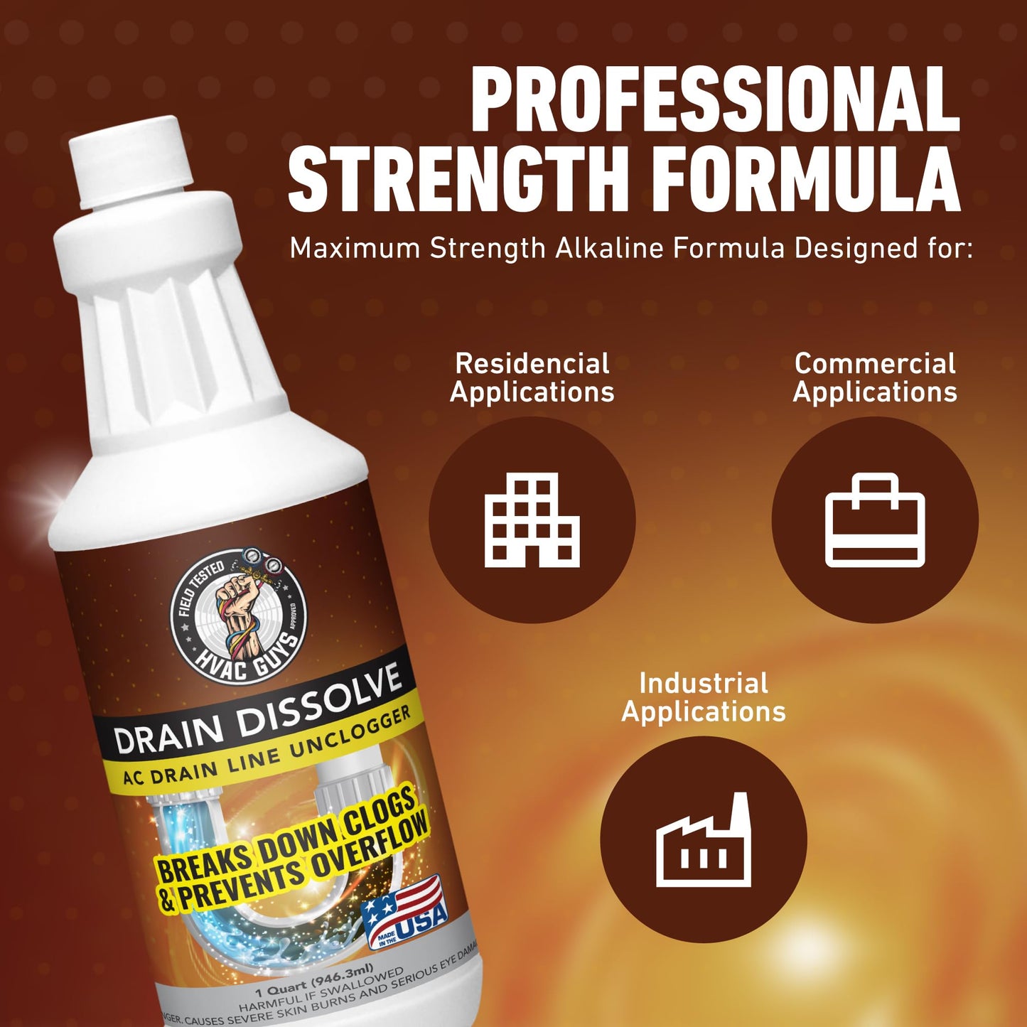 HVAC Guys Drain Dissolve | AC Drain Line Cleaner & Unclogger | Heat Generating Alkaline Formula | Prevents Overflow | Clears Hair, Grease, Gunk - 32oz