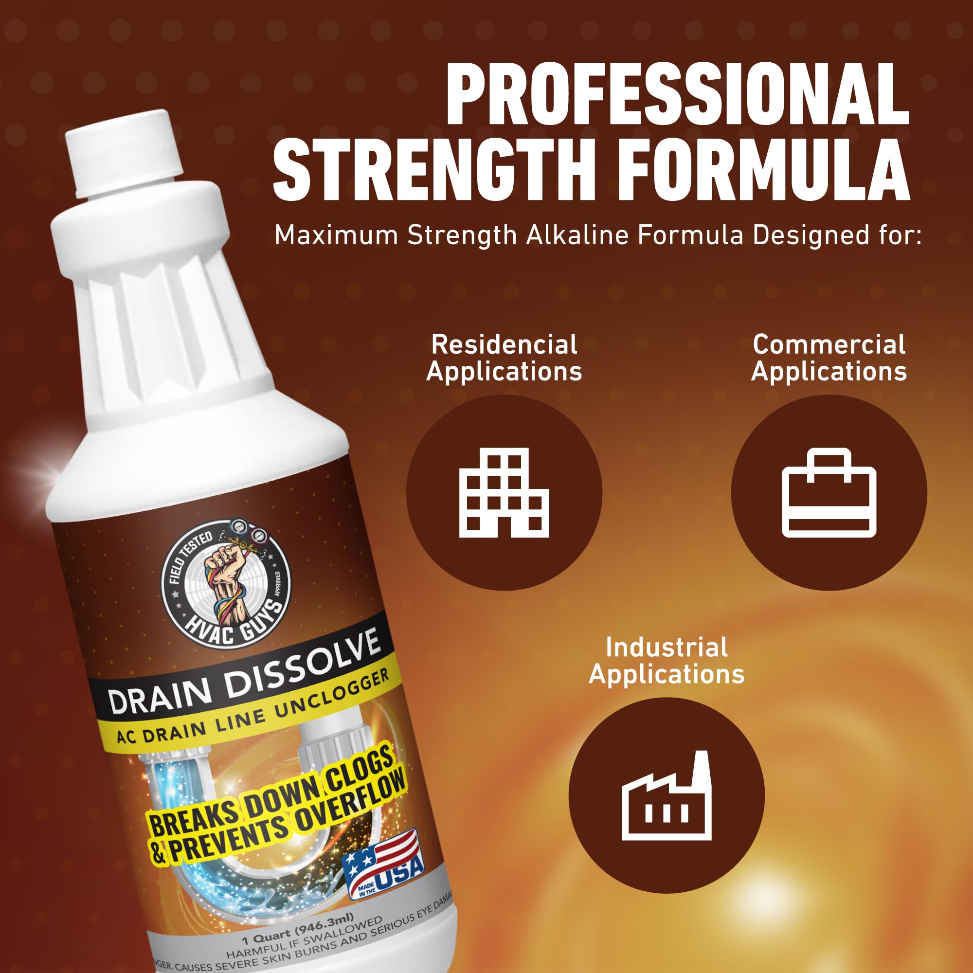 HVAC Guys Drain Dissolve | AC Drain Line Cleaner & Unclogger | Heat Generating Alkaline Formula | Prevents Overflow | Clears Hair, Grease, Gunk - 32oz