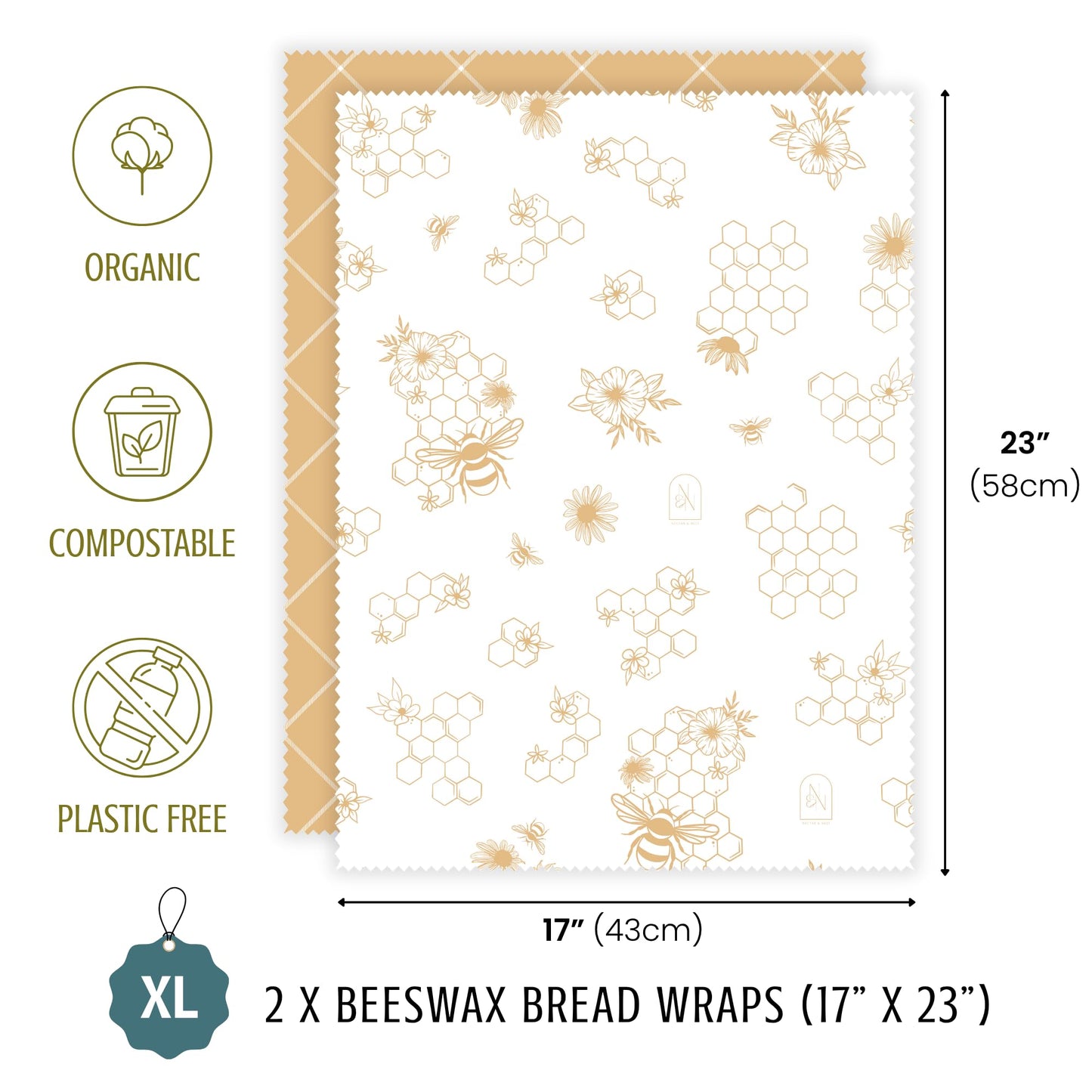Nectar & Nest Beeswax Wraps for Food - Bread Wraps - Reusable Bread Storage Bags - Organic & Eco-Friendly Alternative to Aluminum Foil, Sourdough Bags