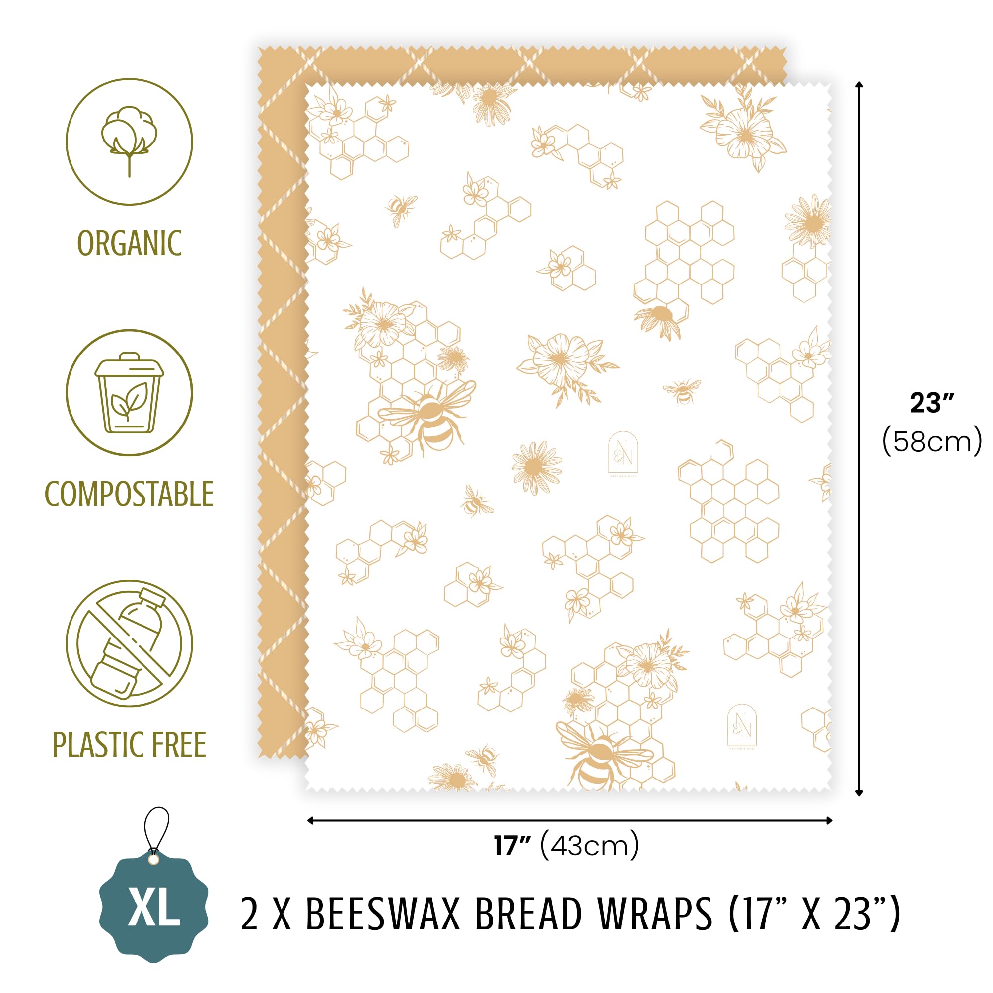 Nectar & Nest Beeswax Wraps for Food - Bread Wraps - Reusable Bread Storage Bags - Organic & Eco-Friendly Alternative to Aluminum Foil, Sourdough Bags