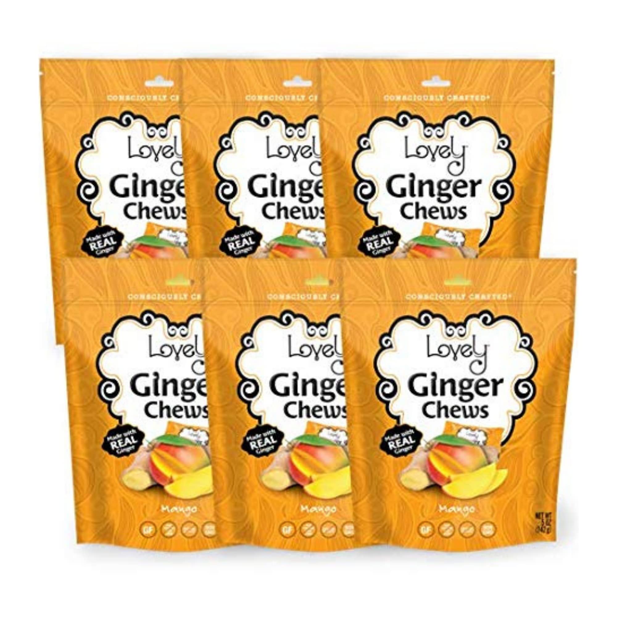 Lovely Candy Co. Mango Ginger Chews, Made with Real Ginger, Individually Wrapped, 5oz (6-Pack) | Gluten-Free, Non-GMO, NO Artificial Ingredients, NO