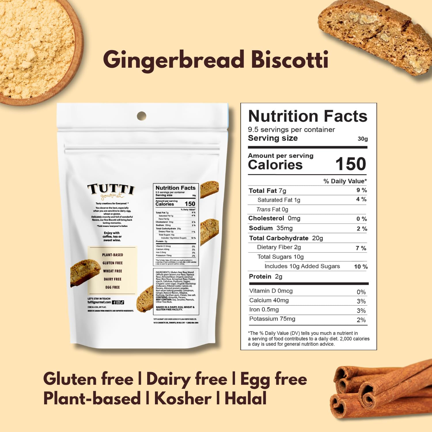 Tutti Gourmet Gluten Free Gingerbread Biscotti, 9.9 oz (283g) Resealable Cookie Bag - Vegan and Halal Snacks