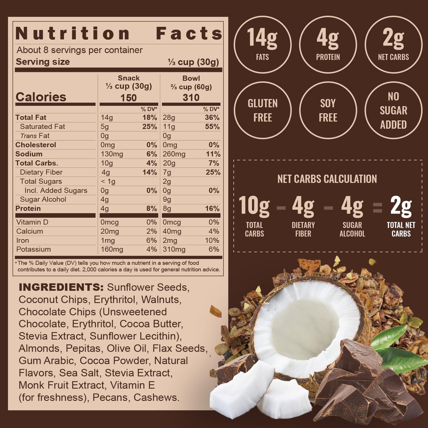 Inrive Keto Grain Free, Gluten Free Granola (Chocolate Coconut), Non GMO, No Sugar Added, Soy Free, Vegan, Kosher, 1 Pack