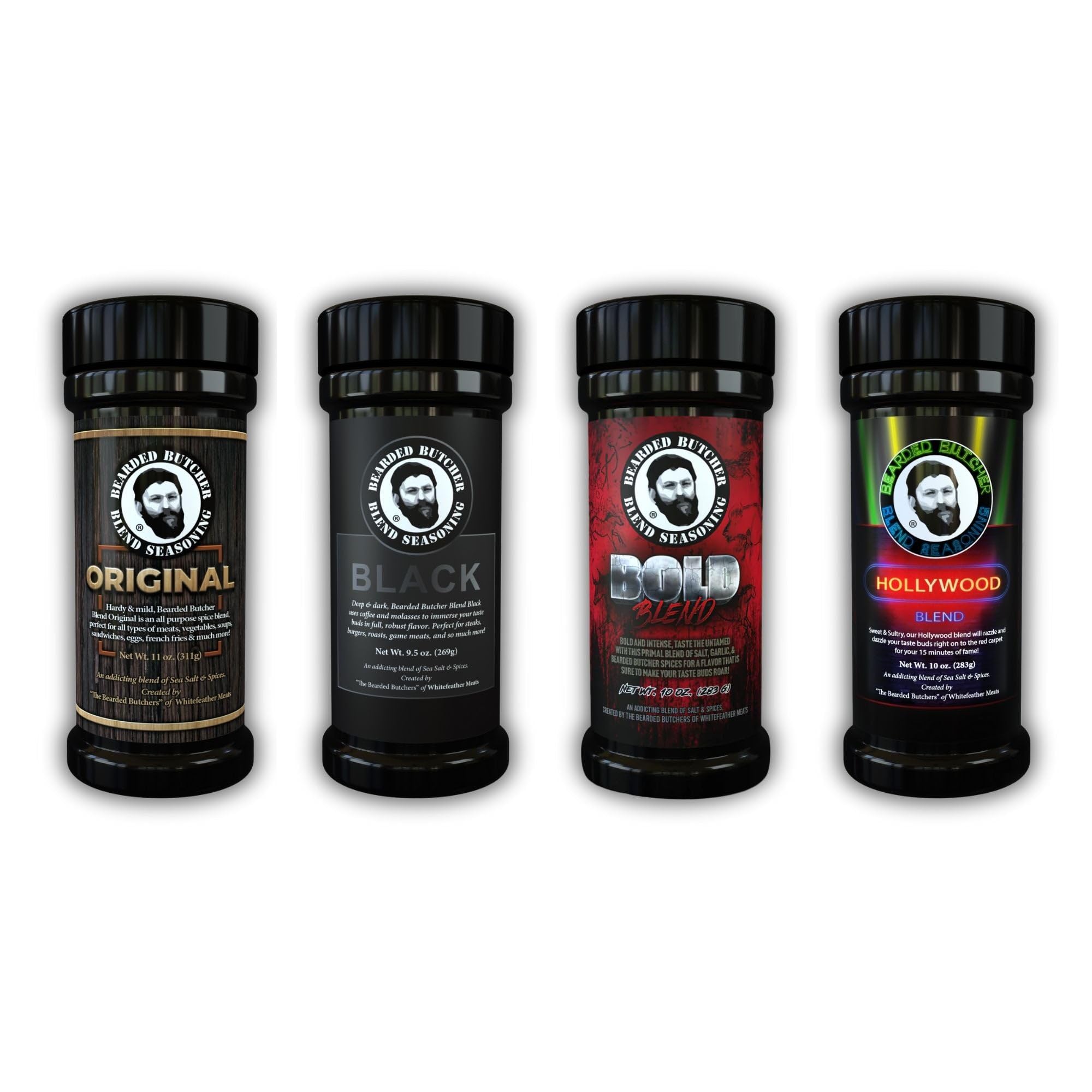 Bearded Butchers Butchers Favorite 4-Pack Bundle - Original, Black, Bold & Hollywood Blends - All-Purpose Spices for Steak, Chicken, Pork, Seafood