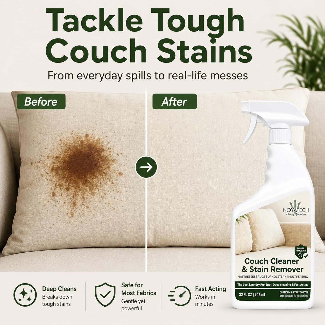 NOYATECH Travel size Couch Cleaner and Stain Remover. For sofas, car upholstery, carpets, rugs, mattresses, dining chairs, all Fabrics. Safe, for kids