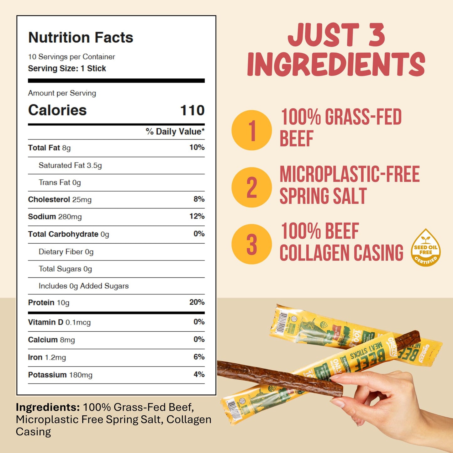 Grazly Grass-Fed Beef Sticks - Made with Only Beef, Spring Salt & Collagen Casing - Clean, High-Protein Jerky Sticks w/ 10g Protein Per Stick (1 oz