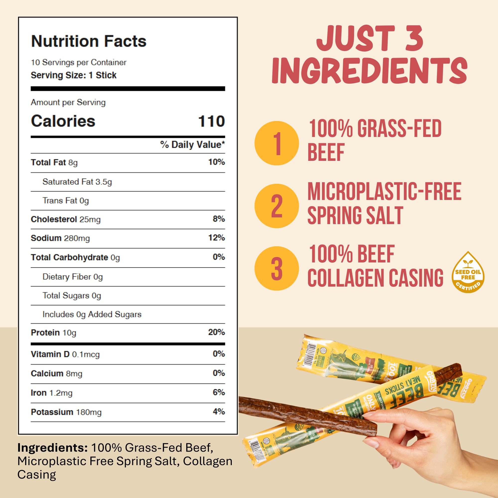 Grazly Grass-Fed Beef Sticks - Made with Only Beef, Spring Salt & Collagen Casing - Clean, High-Protein Jerky Sticks w/ 10g Protein Per Stick (1 oz