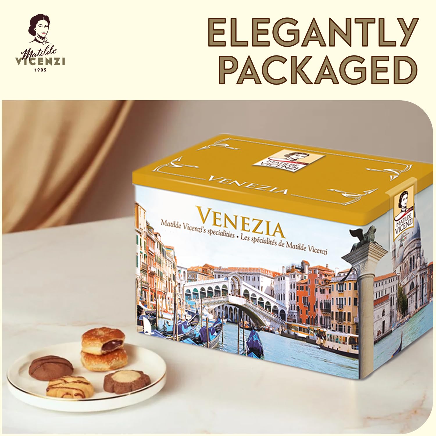 Matilde Vicenzi Venezia Cookie Gift Tin - Italian Pastries & Cookies in Individually Wrapped Trays - Gourmet Gifts for Teachers, Fathers Day
