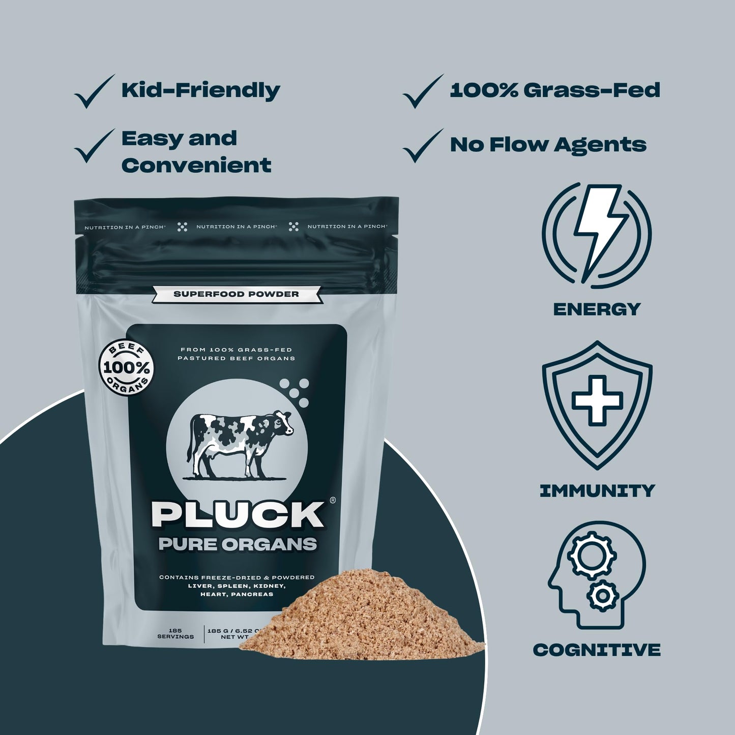 Pluck Pure Beef Organs Powder | 100% Liver, Kidney, Spleen, Heart, & Pancreas from 100% Grass Fed & Grass Finished Pastured Beef | As Seen on ABC's