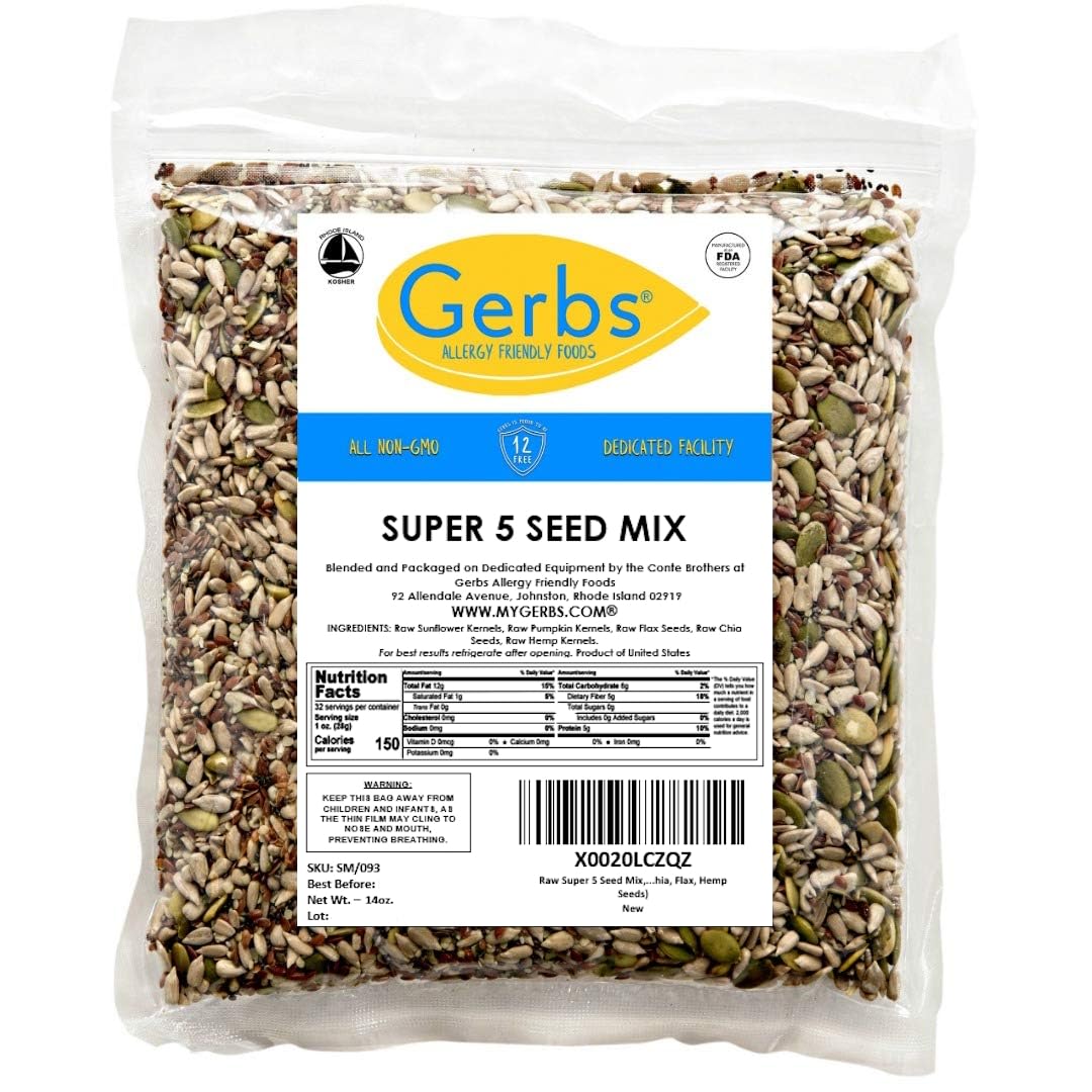 Gerbs Super 5 Seed Snack Mix 14 oz. | Raw, No Artificial Additives, Resealable Bag | Crunchy Pumpkin, Sunflower, Flax, Chia & Hemp Blend | Top 14