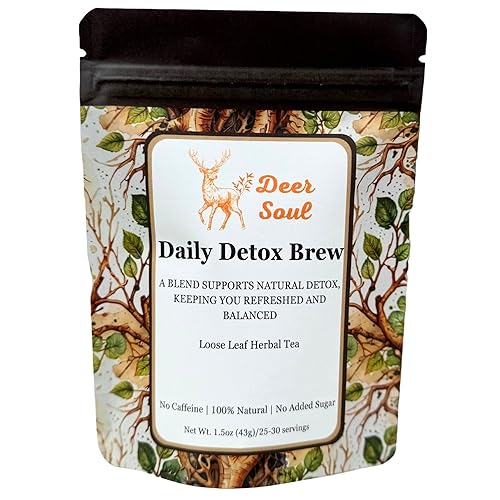 Deer Soul Daily Detox Brew Herbal Tea with Dandelion Root, Burdock, Red Clover, Nettle & Echinacea Root | Loose Leaf Tea, 1.5 oz