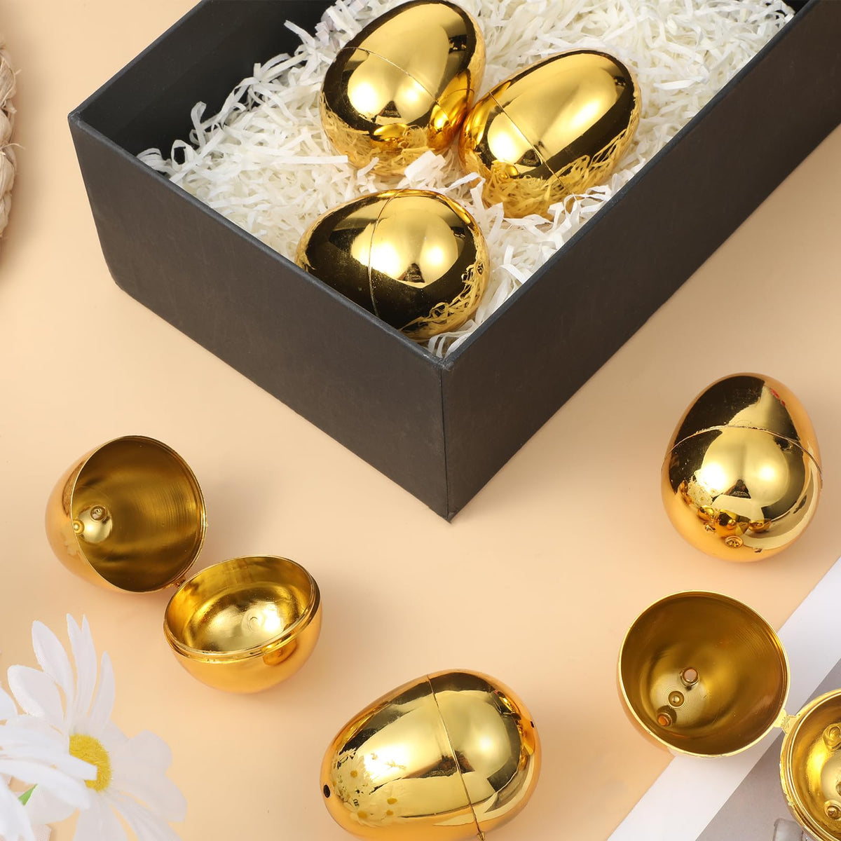12 Pack Golden Plastic Easter Eggs, 2.3 Inch Fillable Eggs for Easter Egg Hunt, Metallic Plastic Empty Egg Shiny Metallic Party Favors & Basket