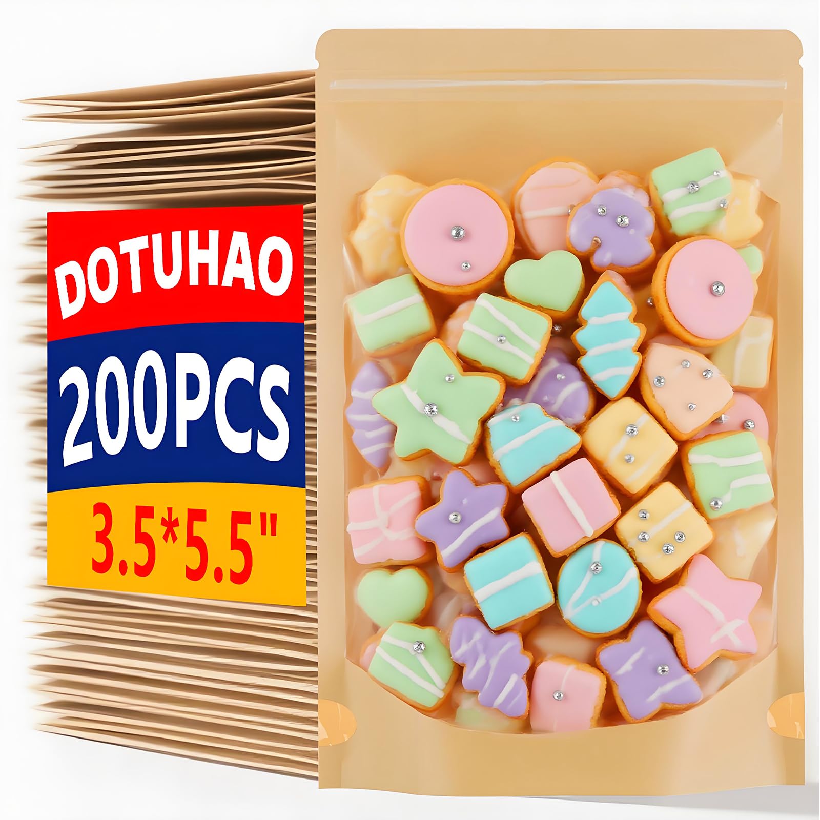 DOTUAHO 200 PCS Paper Bags with Window, 3.5" x 5.5" Resealable Bags, Stand Up Pouches, Reusable Ziplock Food Storage Bag Resealable Pouches for Foods