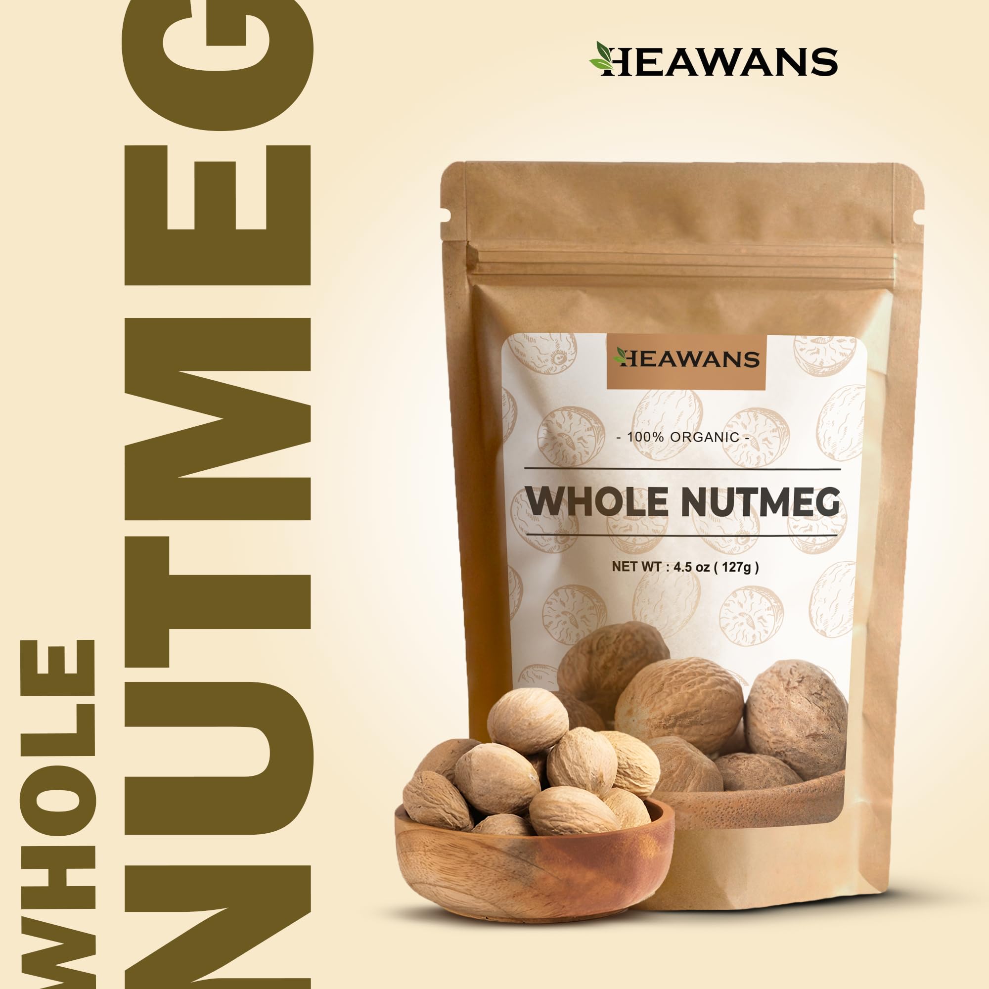 Heawans Organic Whole Nutmeg 4.5 oz, Premium Grade, Packed in a stand up resealable pouch.