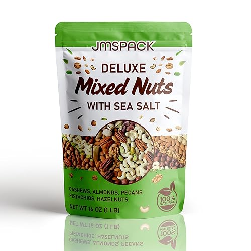 JMSPACK Deluxe Mixed Nuts, Almonds, Cashews, Pecans, Pistachios, Snacks for Adults, Made With Sea Salt, Trail Mix, Nut Mix, Mixed Nuts with Sea Salt