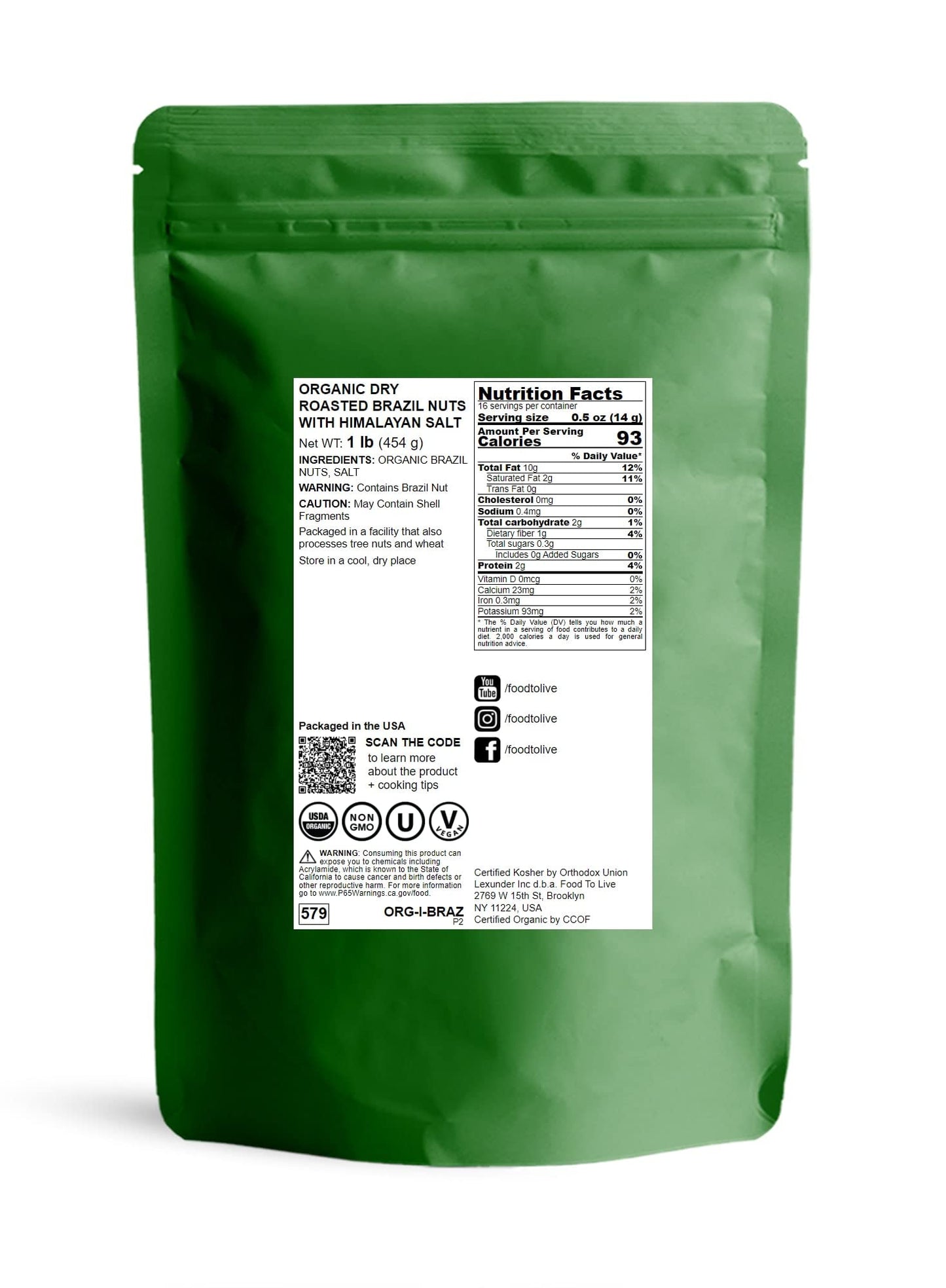 Food to Live Organic Dry Roasted Brazil Nuts with Himalayan Salt, 1 Pound Non-GMO, Oven Roasted, Lightly Salted, No Oil Added, Whole. Vegan, Kosher